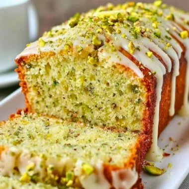 Freshly baked pistachio lemon breakfast bread with a golden crust.