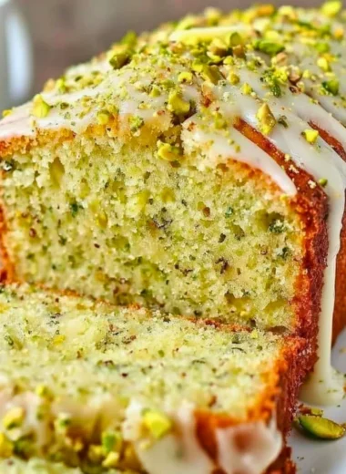Freshly baked pistachio lemon breakfast bread with a golden crust.