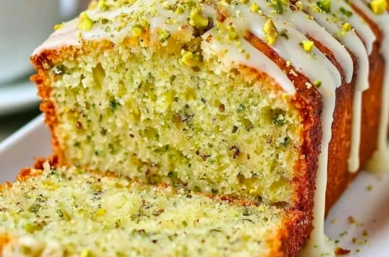 Freshly baked pistachio lemon breakfast bread with a golden crust.