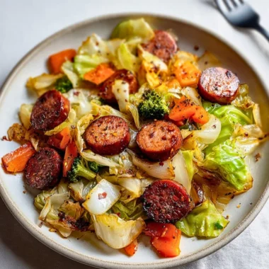 Sausage and cabbage stir fry served in a skillet with colorful vegetables