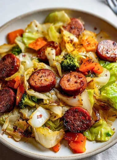 Sausage and cabbage stir fry served in a skillet with colorful vegetables
