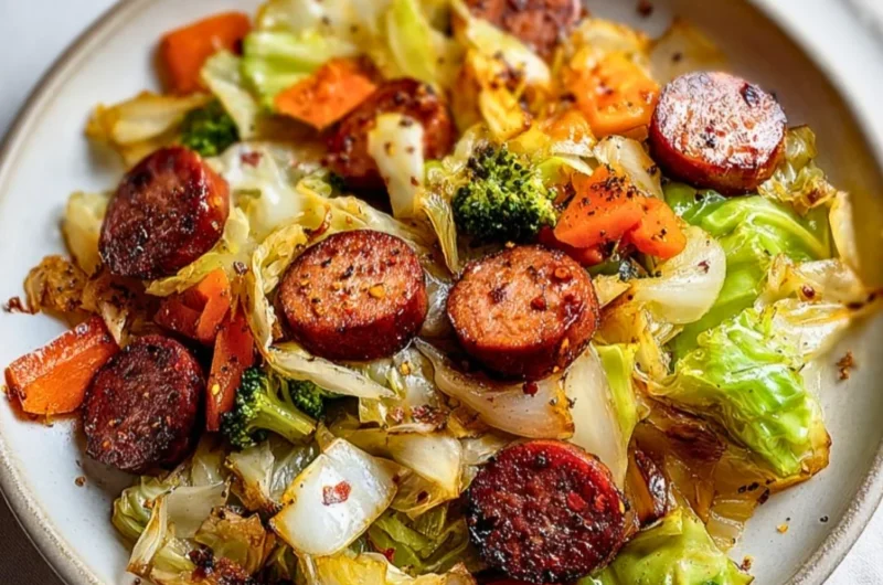 Sausage and cabbage stir fry served in a skillet with colorful vegetables
