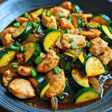 Simple chicken zucchini stir fry served in a colorful bowl