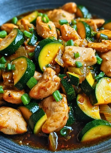 Simple chicken zucchini stir fry served in a colorful bowl