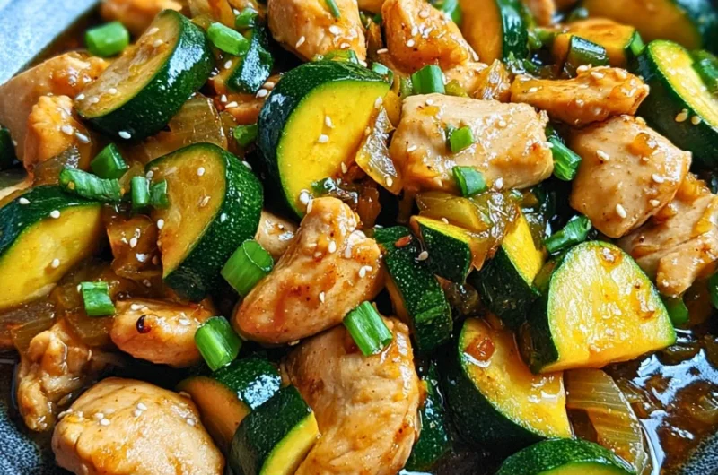 Simple chicken zucchini stir fry served in a colorful bowl