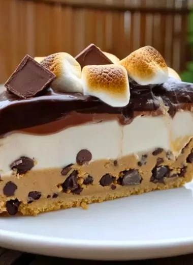 S'mores Cookie Dough Pie with chocolate and marshmallows