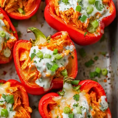 Spicy Buffalo Chicken Stuffed Peppers served on a white plate with fresh herbs