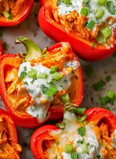 Spicy Buffalo Chicken Stuffed Peppers served on a white plate with fresh herbs