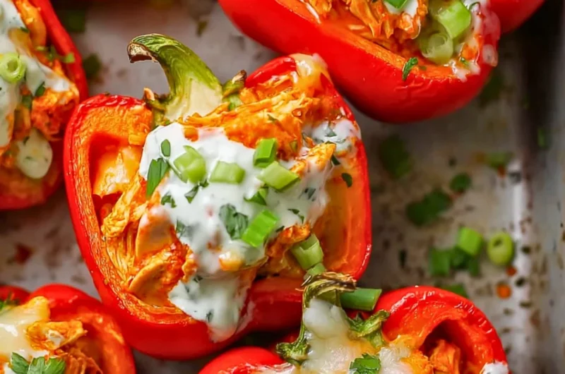 Spicy Buffalo Chicken Stuffed Peppers served on a white plate with fresh herbs