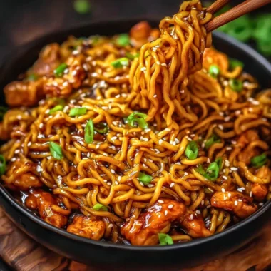Sticky garlic chicken noodles dish with vegetables and herbs