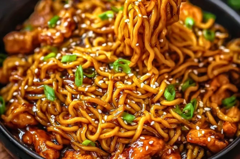 Sticky garlic chicken noodles dish with vegetables and herbs
