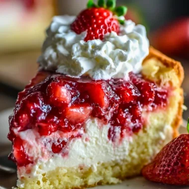 Delicious slice of Strawberry Earthquake Cake with whipped cream and strawberries