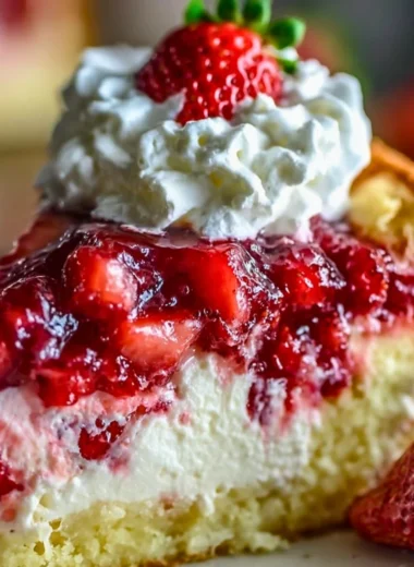 Delicious slice of Strawberry Earthquake Cake with whipped cream and strawberries