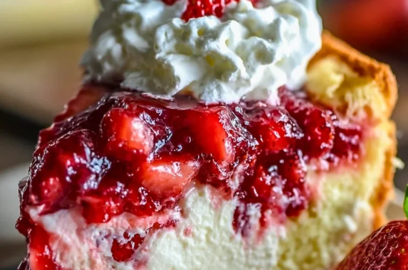 Delicious slice of Strawberry Earthquake Cake with whipped cream and strawberries