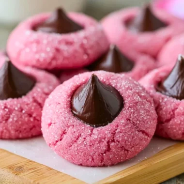 Freshly baked Strawberry Kiss Cookies topped with a strawberry chocolate kiss.