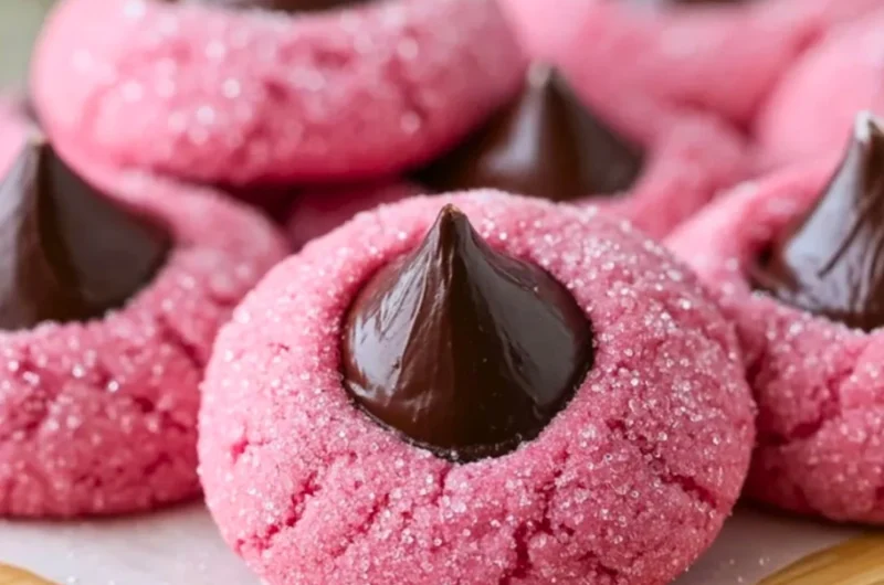 Freshly baked Strawberry Kiss Cookies topped with a strawberry chocolate kiss.