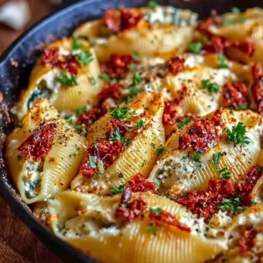 Delicious Sun-Dried Tomato Ricotta Stuffed Shells ready to serve.