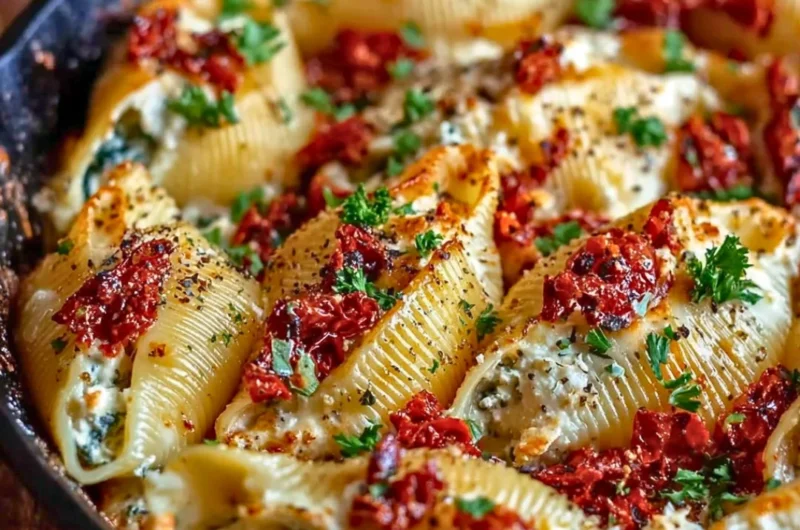 Delicious Sun-Dried Tomato Ricotta Stuffed Shells ready to serve.