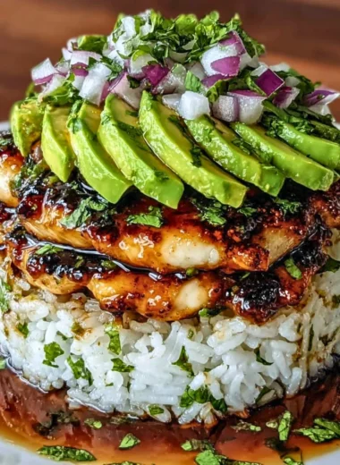 Delicious Honey Lime Chicken served with Avocado Rice Stack