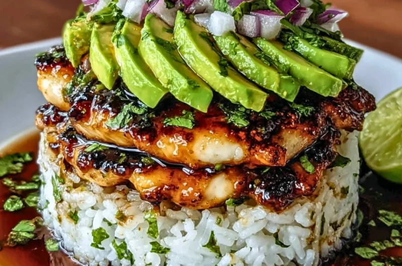 Delicious Honey Lime Chicken served with Avocado Rice Stack