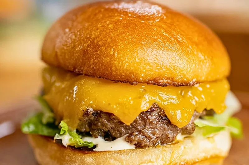 Delicious juicy smash burger with toppings on a wooden plate