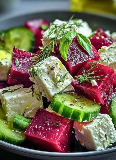 Vibrant beet salad with feta cheese and cucumbers served in a bowl