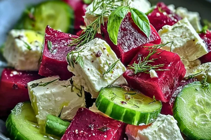 Vibrant beet salad with feta cheese and cucumbers served in a bowl