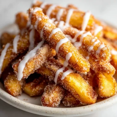 Crispy air fryer apple fries served on a plate with cinnamon sugar dip.