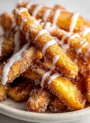 Crispy air fryer apple fries served on a plate with cinnamon sugar dip.