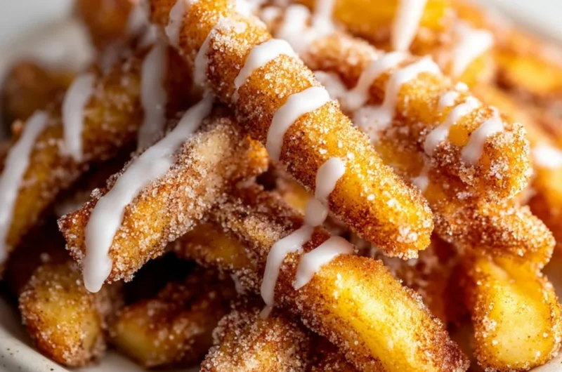 Crispy air fryer apple fries served on a plate with cinnamon sugar dip.
