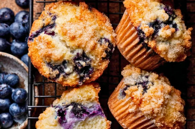 Freshly baked bakery style blueberry muffins with blueberries on top