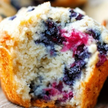 Bakery style mixed berry muffins with frozen berries on a wooden table