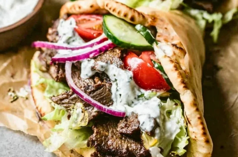Delicious homemade beef gyros served with fresh toppings and pita bread
