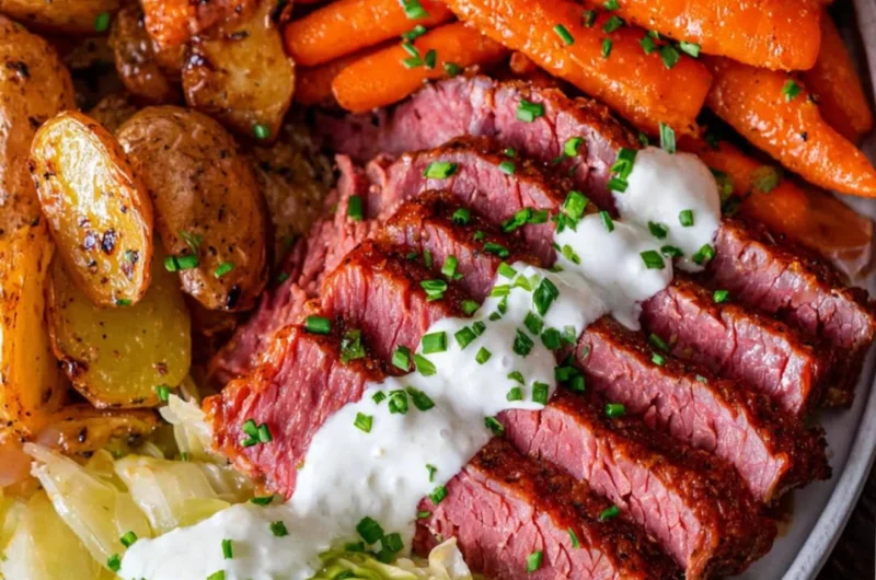 Delicious corned beef and cabbage served on a plate with carrots