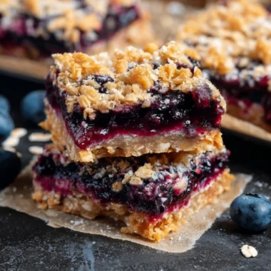Blueberry oatmeal breakfast bars fresh out of the oven on a wooden table