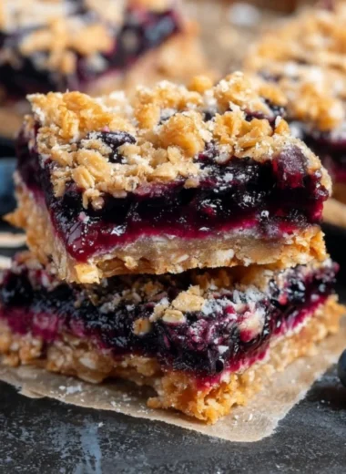 Blueberry oatmeal breakfast bars fresh out of the oven on a wooden table
