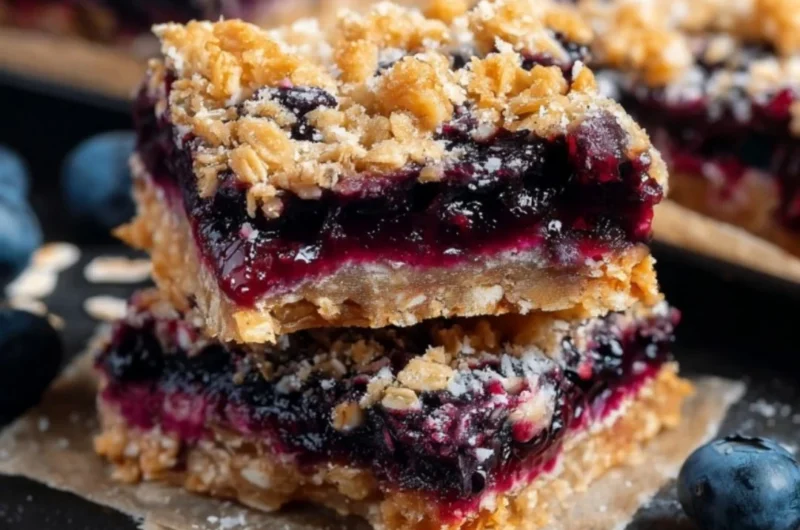 Blueberry oatmeal breakfast bars fresh out of the oven on a wooden table