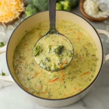 Bowl of homemade Broccoli Cheddar Soup garnished with cheese and fresh broccoli