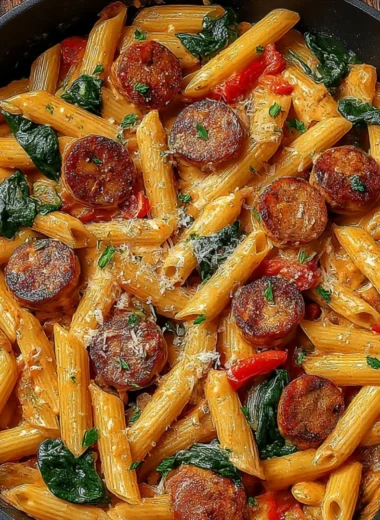 Delicious Cajun Sausage Pasta served in a bowl with fresh herbs.