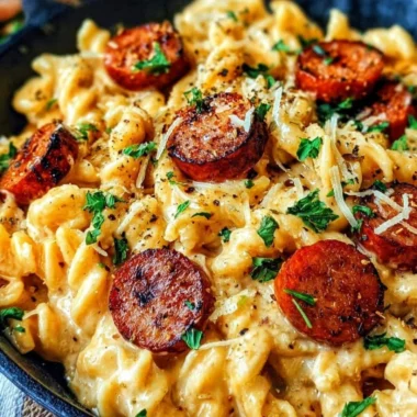 Cajun smoked sausage Alfredo pasta served in a bowl with herbs