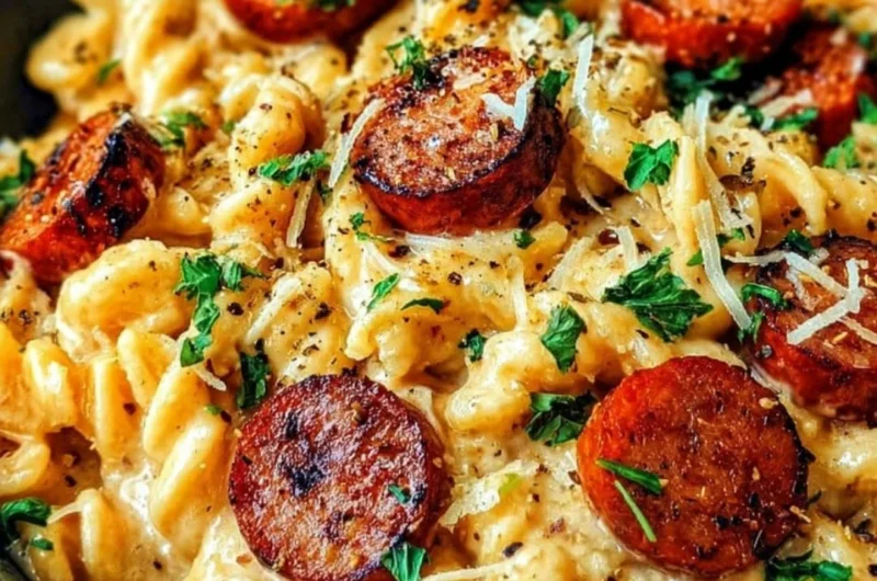 Cajun smoked sausage Alfredo pasta served in a bowl with herbs