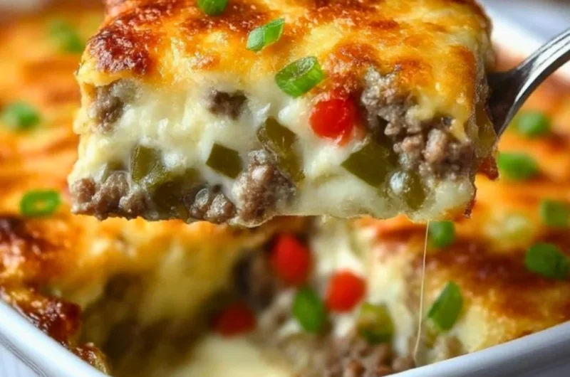 Cheesy Philly cheesesteak skillet with melted cheese and peppers
