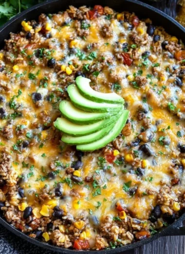 Delicious cheesy taco rice skillet topped with fresh ingredients