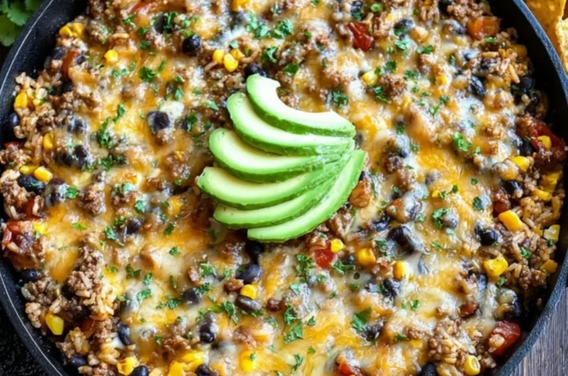 Delicious cheesy taco rice skillet topped with fresh ingredients