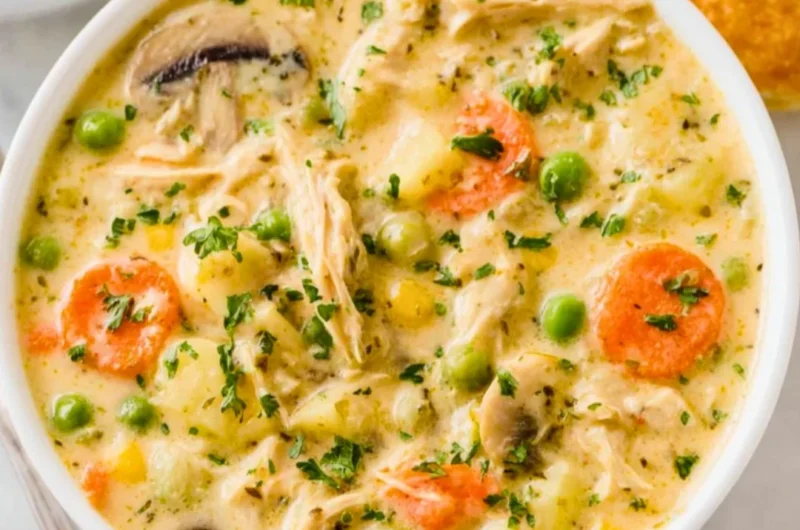 Delicious Chicken Pot Pie Soup with chicken, vegetables, and creamy broth