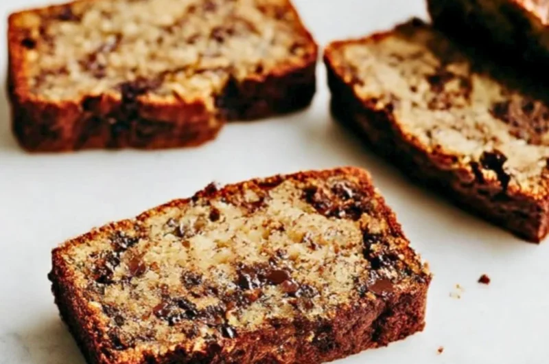 Slice of chocolate chip banana bread on a wooden board