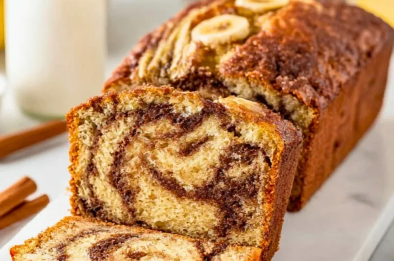 A slice of cinnamon swirl banana bread showcasing its moist texture and swirl pattern.