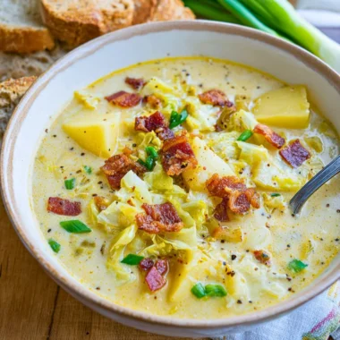 Bowl of Colcannon Soup with potatoes, cabbage, and bacon garnished with herbs