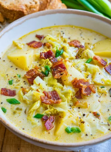 Bowl of Colcannon Soup with potatoes, cabbage, and bacon garnished with herbs