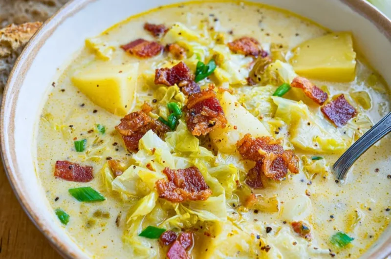 Bowl of Colcannon Soup with potatoes, cabbage, and bacon garnished with herbs